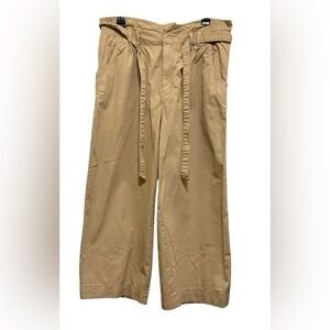 H&M KHAKI CAPRIS PANTS WOMEN BELT CROPPED TAPERED WIDE-LEG PLEADED FRONT SIZE 14